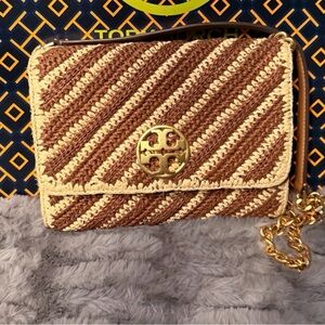 Tory Burch Willa Woven Brown and Cream Crossbody Bag
